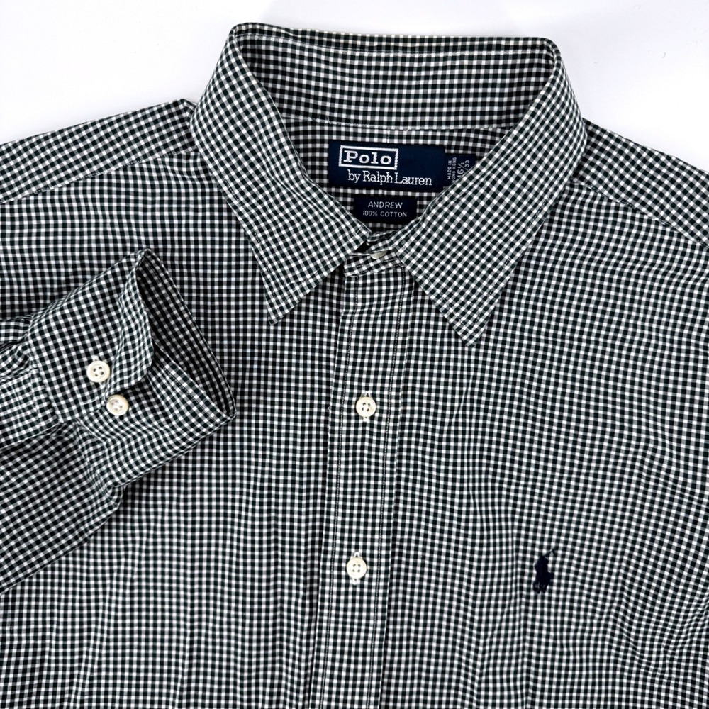 Polo Ralph Lauren Andrew Shirt Men 16.5 32/33 Navy Blue Gingham Cotton Button Up